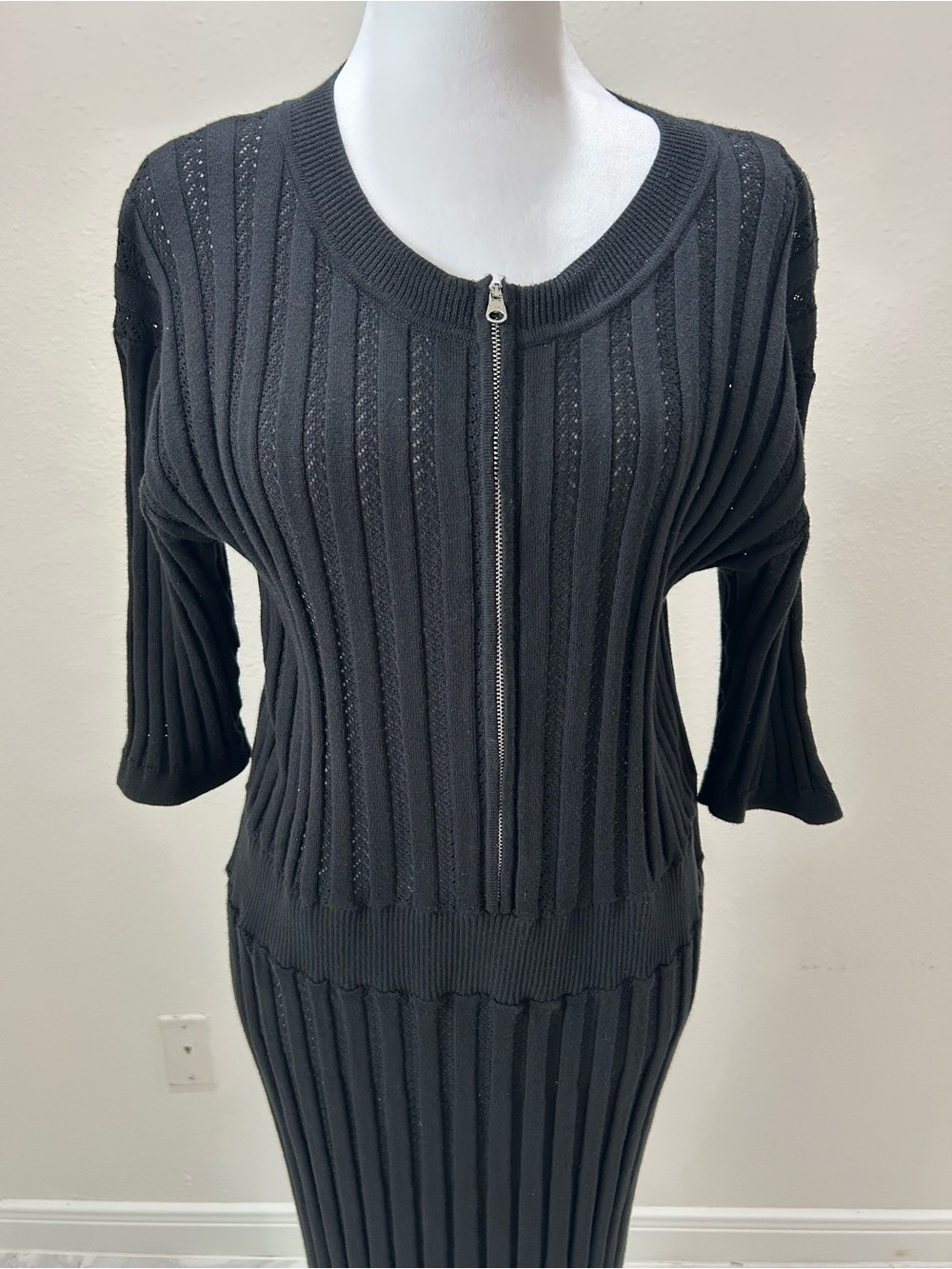 Varley by Anthropologie Black Zip-Front Midi Knit Dress, Size XL - Picture 6 of 11